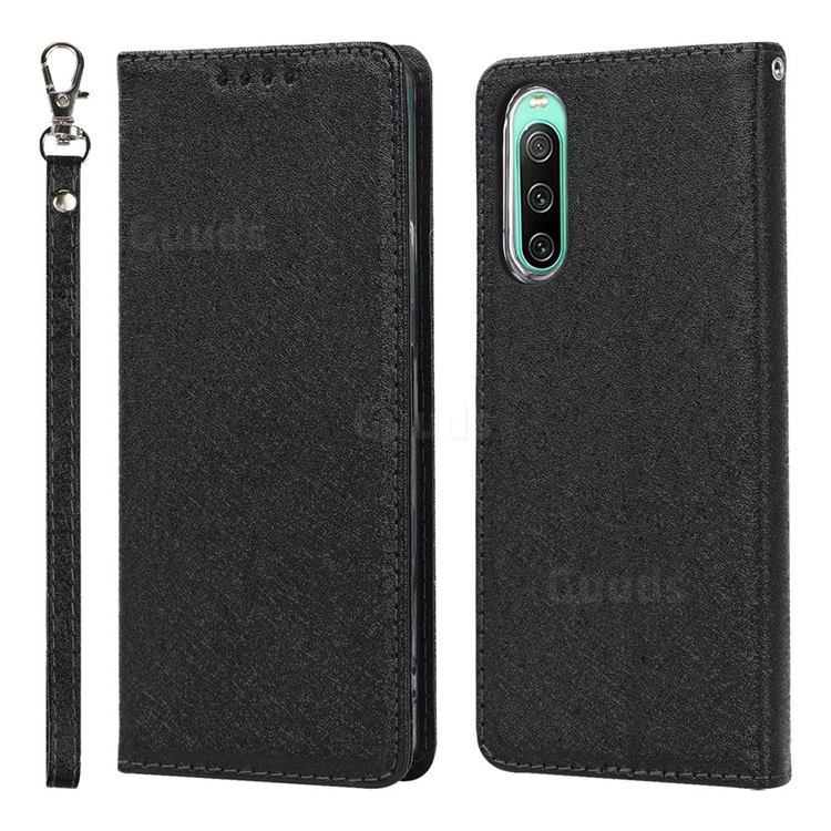 Ultra Slim Magnetic Automatic Suction Silk Lanyard Leather Flip Cover for Sony Xperia 10 IV - Black