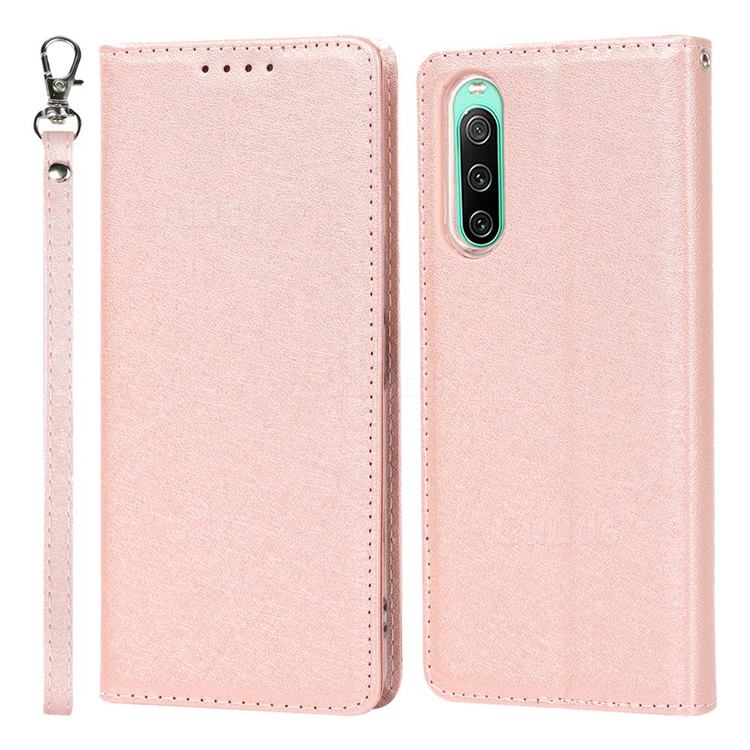 Ultra Slim Magnetic Automatic Suction Silk Lanyard Leather Flip Cover for Sony Xperia 10 IV - Rose Gold