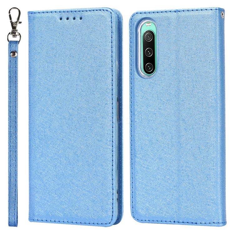 Ultra Slim Magnetic Automatic Suction Silk Lanyard Leather Flip Cover for Sony Xperia 10 IV - Sky Blue