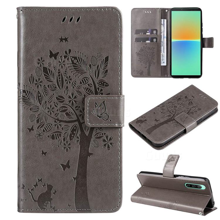 Embossing Butterfly Tree Leather Wallet Case for Sony Xperia 10 IV - Grey