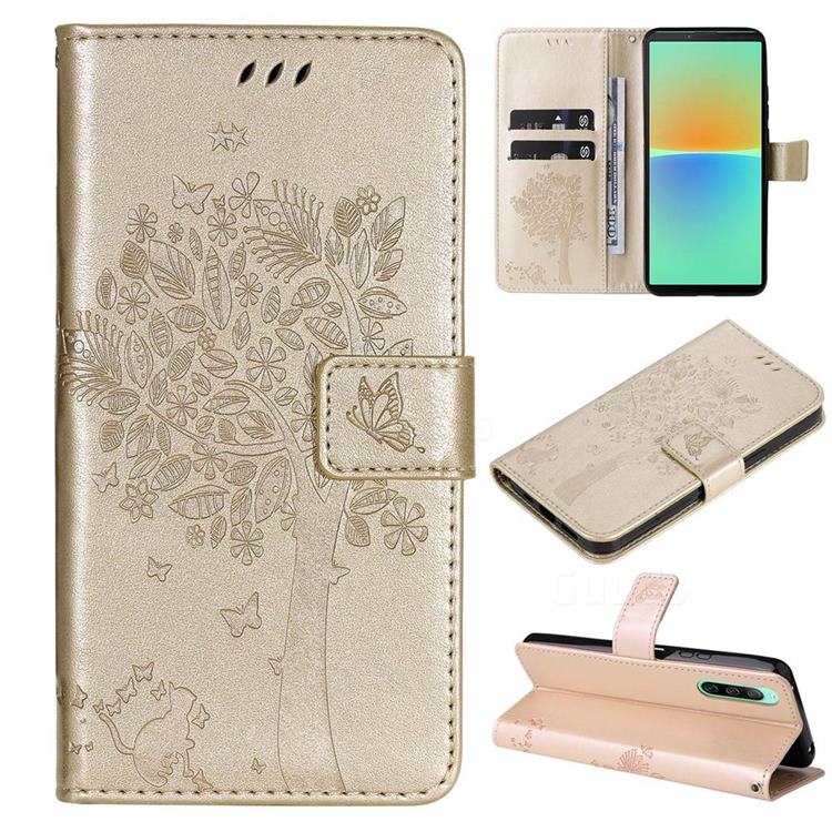 Embossing Butterfly Tree Leather Wallet Case for Sony Xperia 10 IV - Champagne