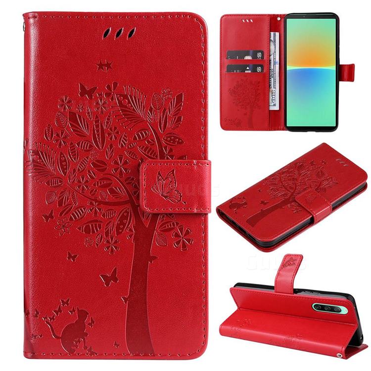 Embossing Butterfly Tree Leather Wallet Case for Sony Xperia 10 IV - Red