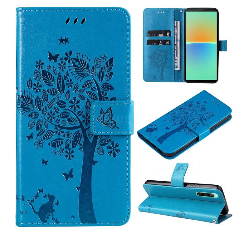 Embossing Butterfly Tree Leather Wallet Case for Sony Xperia 10 IV - Blue
