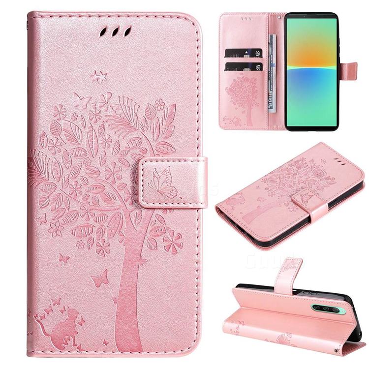 Embossing Butterfly Tree Leather Wallet Case for Sony Xperia 10 IV - Rose Pink