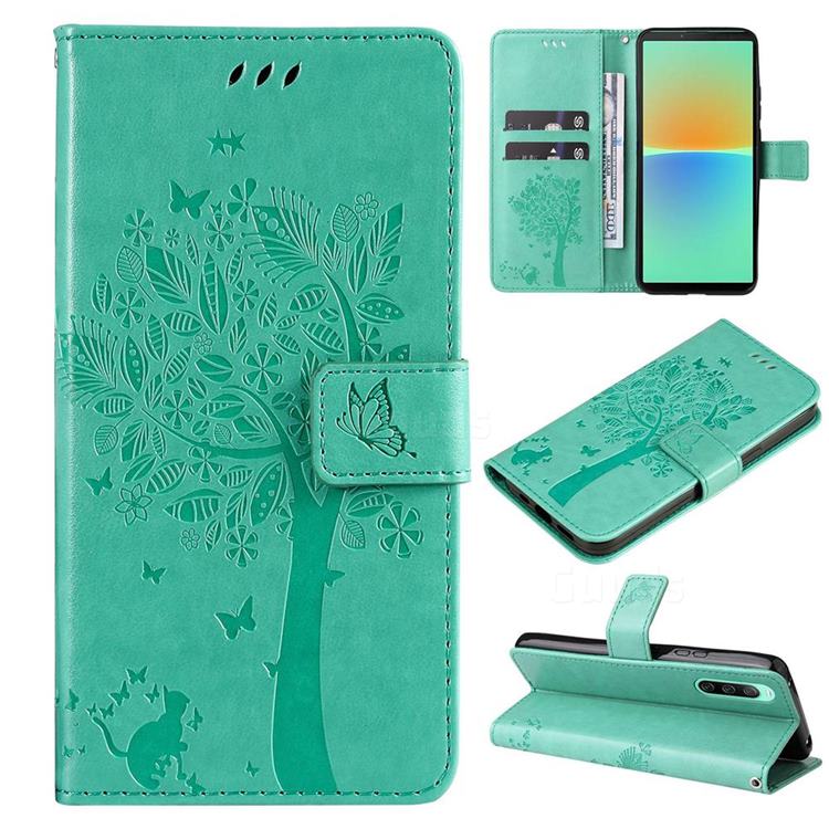Embossing Butterfly Tree Leather Wallet Case for Sony Xperia 10 IV - Cyan