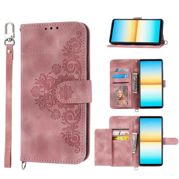 Skin Feel Embossed Lace Flower Multiple Card Slots Leather Wallet Phone Case for Sony Xperia 10 IV - Pink