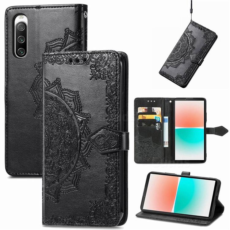 Embossing Imprint Mandala Flower Leather Wallet Case for Sony Xperia 10 IV - Black