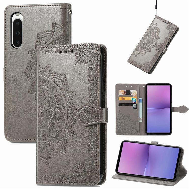 Embossing Imprint Mandala Flower Leather Wallet Case for Sony Xperia 10 V - Gray