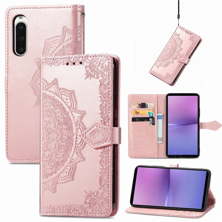 Embossing Imprint Mandala Flower Leather Wallet Case for Sony Xperia 10 V - Rose Gold
