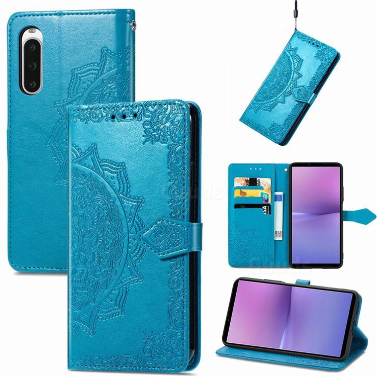 Embossing Imprint Mandala Flower Leather Wallet Case for Sony Xperia 10 V - Blue