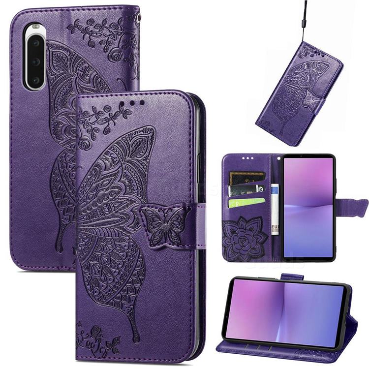 Embossing Mandala Flower Butterfly Leather Wallet Case for Sony Xperia 10 V - Dark Purple