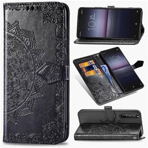 Embossing Imprint Mandala Flower Leather Wallet Case for Sony Xperia 1 II - Black