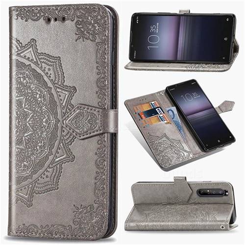 Embossing Imprint Mandala Flower Leather Wallet Case for Sony Xperia 1 II - Gray