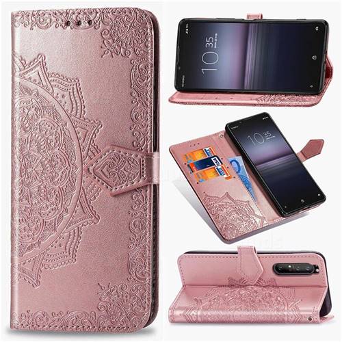 Embossing Imprint Mandala Flower Leather Wallet Case for Sony Xperia 1 II - Rose Gold