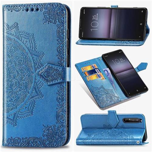 Embossing Imprint Mandala Flower Leather Wallet Case for Sony Xperia 1 II - Blue