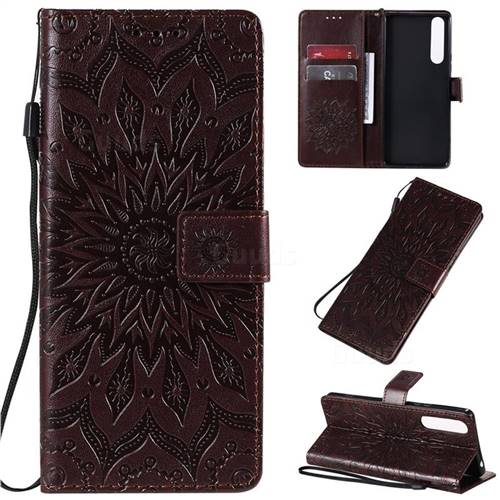 Embossing Sunflower Leather Wallet Case for Sony Xperia 1 II - Brown