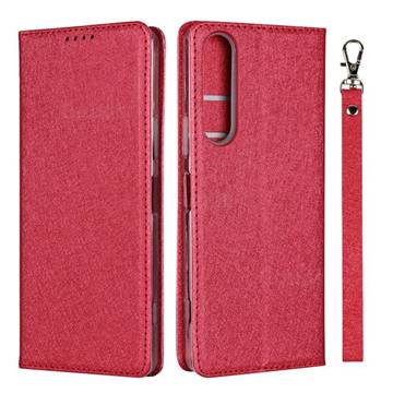Ultra Slim Magnetic Automatic Suction Silk Lanyard Leather Flip Cover for Sony Xperia 1 II - Red