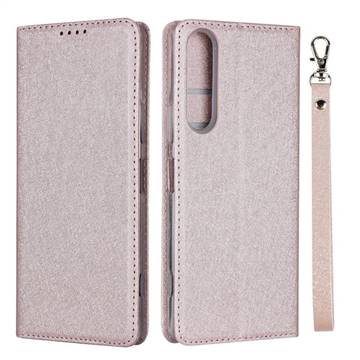 Ultra Slim Magnetic Automatic Suction Silk Lanyard Leather Flip Cover for Sony Xperia 1 II - Rose Gold