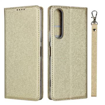Ultra Slim Magnetic Automatic Suction Silk Lanyard Leather Flip Cover for Sony Xperia 1 II - Golden