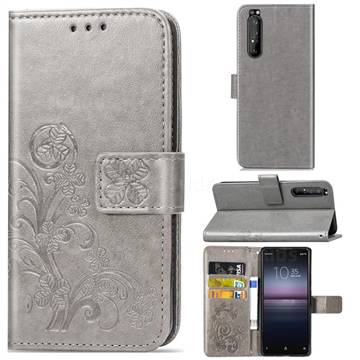 Embossing Imprint Four-Leaf Clover Leather Wallet Case for Sony Xperia 1 II - Grey