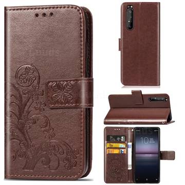 Embossing Imprint Four-Leaf Clover Leather Wallet Case for Sony Xperia 1 II - Brown