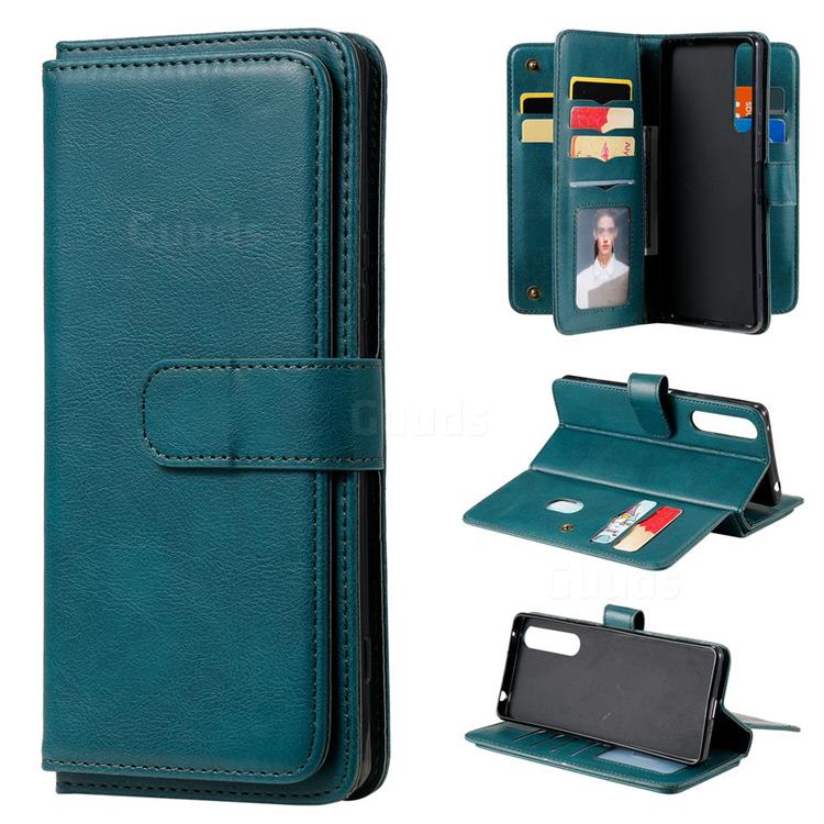 Multi-function Ten Card Slots and Photo Frame PU Leather Wallet Phone Case Cover for Sony Xperia 1 II - Dark Green