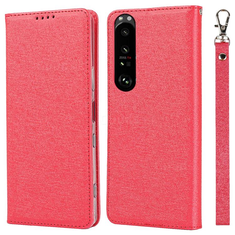 Ultra Slim Magnetic Automatic Suction Silk Lanyard Leather Flip Cover for Sony Xperia 1 III - Red