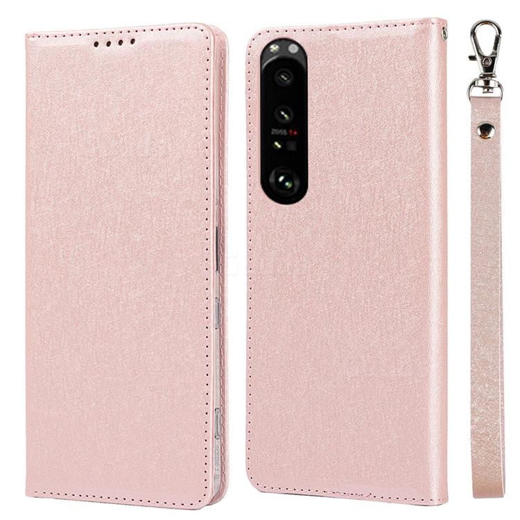 Ultra Slim Magnetic Automatic Suction Silk Lanyard Leather Flip Cover for Sony Xperia 1 III - Rose Gold
