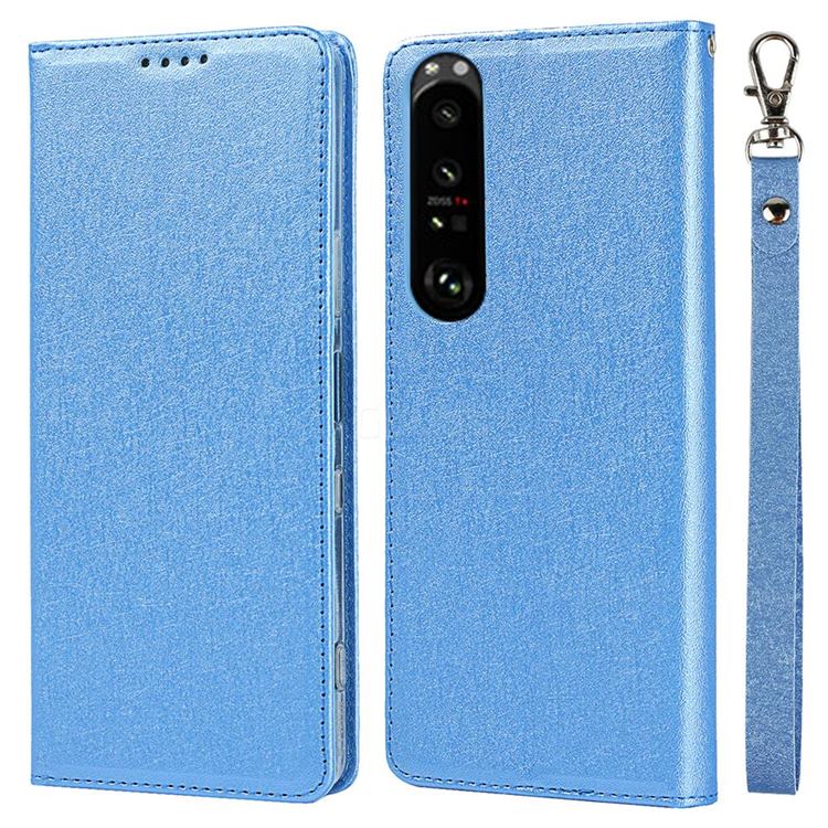 Ultra Slim Magnetic Automatic Suction Silk Lanyard Leather Flip Cover for Sony Xperia 1 III - Sky Blue