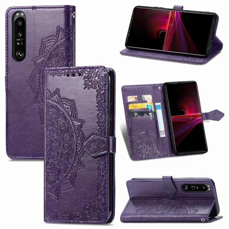 Embossing Imprint Mandala Flower Leather Wallet Case for Sony Xperia 1 III - Purple