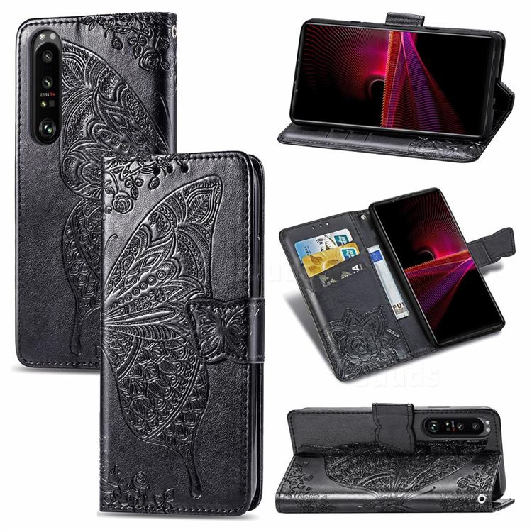 Embossing Mandala Flower Butterfly Leather Wallet Case for Sony Xperia 1 III - Black