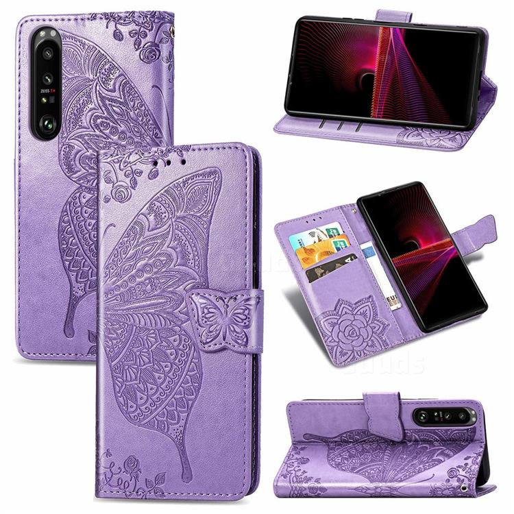 Embossing Mandala Flower Butterfly Leather Wallet Case for Sony Xperia 1 III - Light Purple