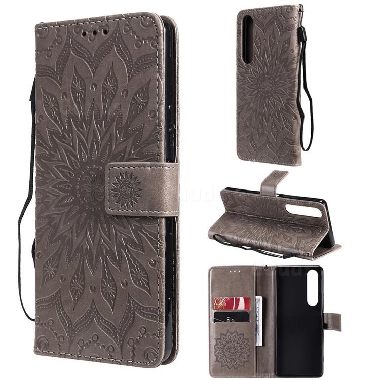 Embossing Sunflower Leather Wallet Case for Sony Xperia 1 III - Gray