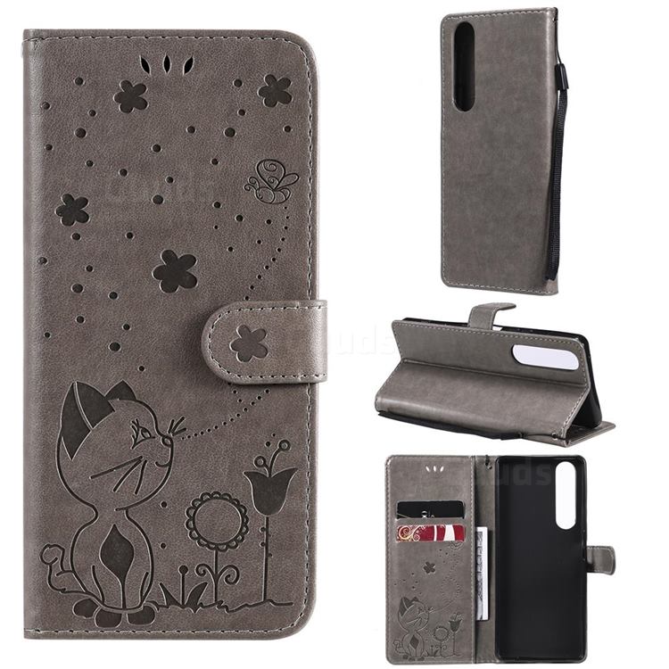 Embossing Bee and Cat Leather Wallet Case for Sony Xperia 1 III - Gray