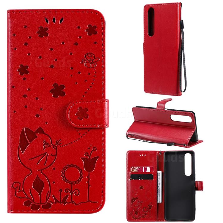Embossing Bee and Cat Leather Wallet Case for Sony Xperia 1 III - Red