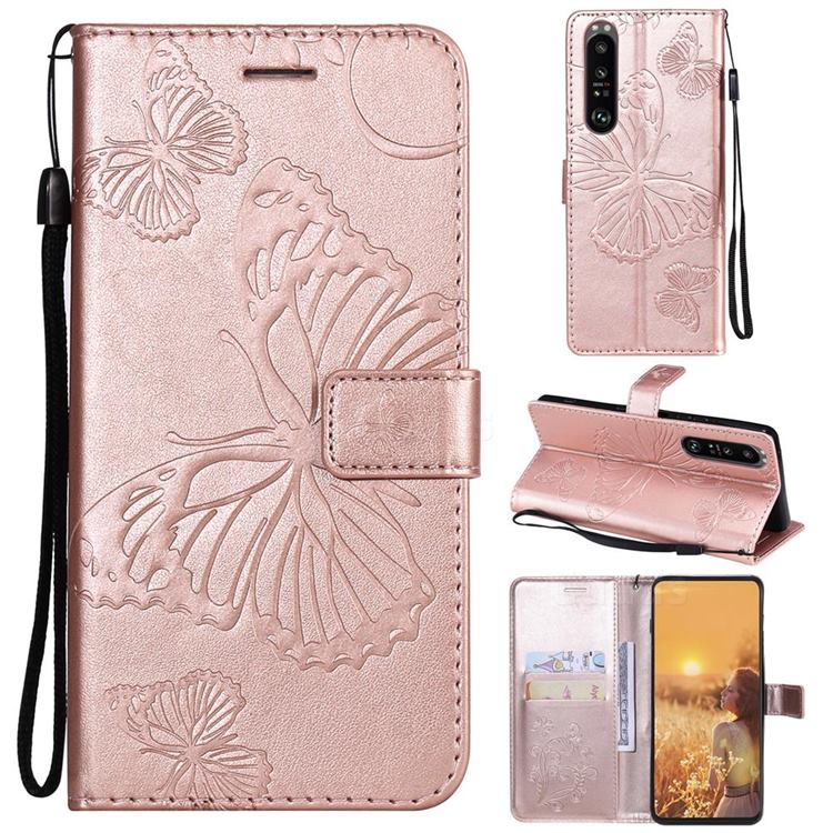 Embossing 3D Butterfly Leather Wallet Case for Sony Xperia 1 III - Rose Gold