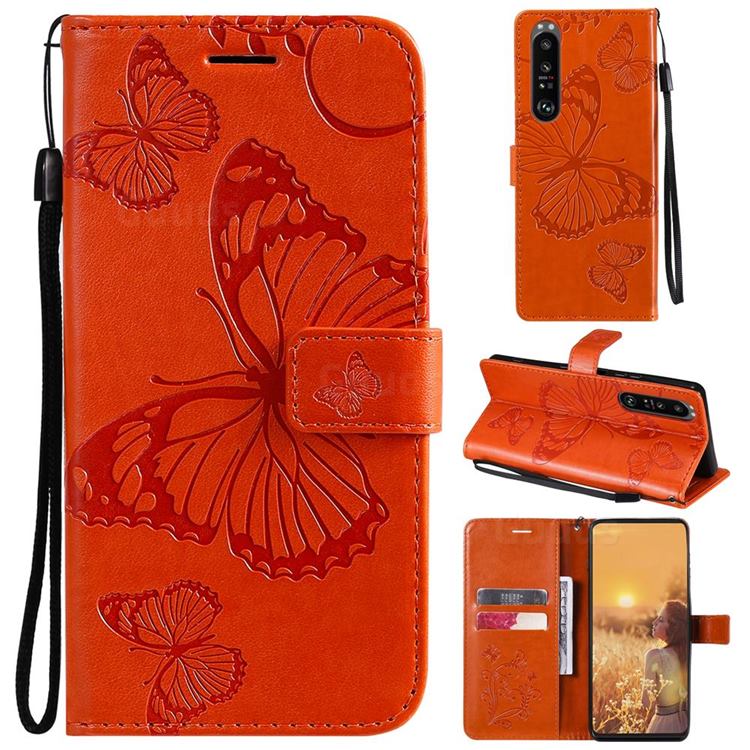 Embossing 3D Butterfly Leather Wallet Case for Sony Xperia 1 III - Orange