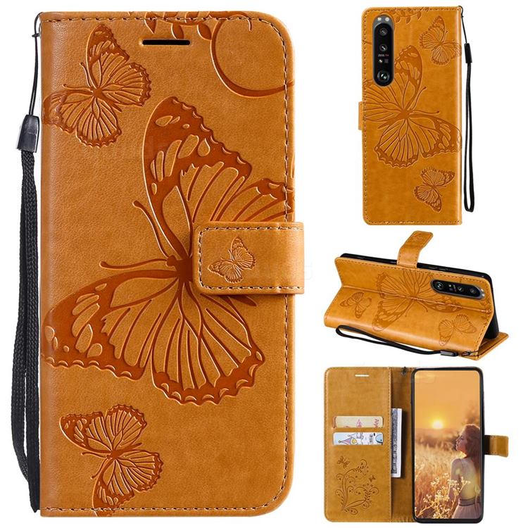 Embossing 3D Butterfly Leather Wallet Case for Sony Xperia 1 III - Yellow