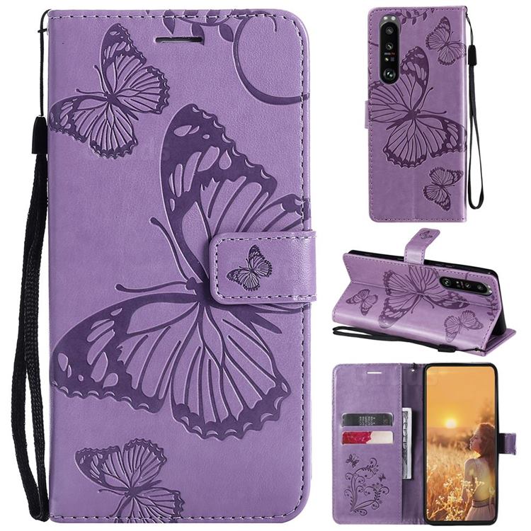 Embossing 3D Butterfly Leather Wallet Case for Sony Xperia 1 III - Purple
