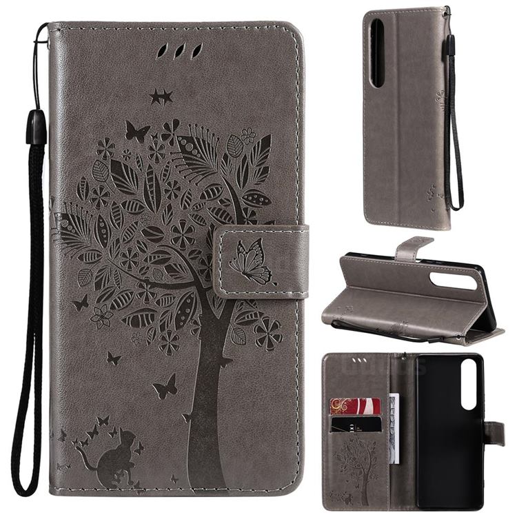 Embossing Butterfly Tree Leather Wallet Case for Sony Xperia 1 III - Grey
