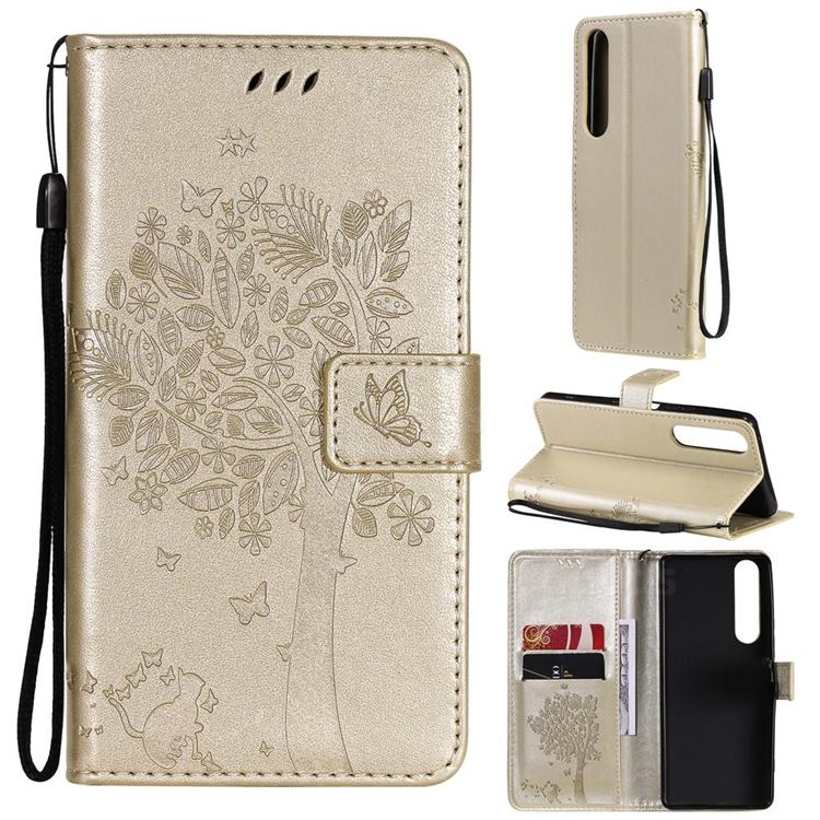 Embossing Butterfly Tree Leather Wallet Case for Sony Xperia 1 III - Champagne