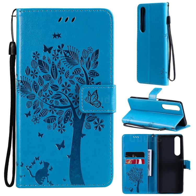Embossing Butterfly Tree Leather Wallet Case for Sony Xperia 1 III - Blue