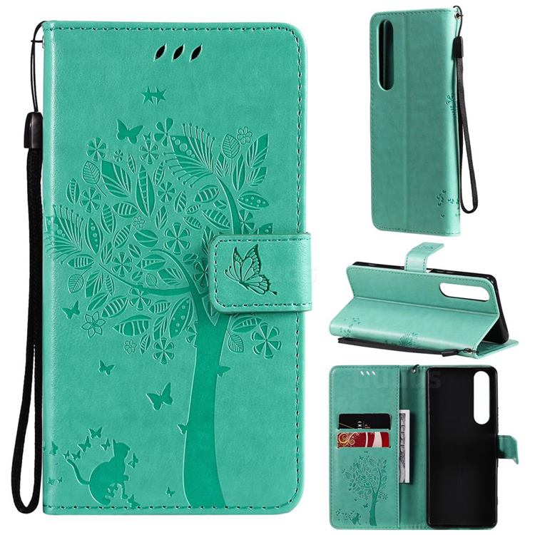 Embossing Butterfly Tree Leather Wallet Case for Sony Xperia 1 III - Cyan