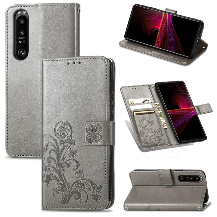 Embossing Imprint Four-Leaf Clover Leather Wallet Case for Sony Xperia 1 III - Grey