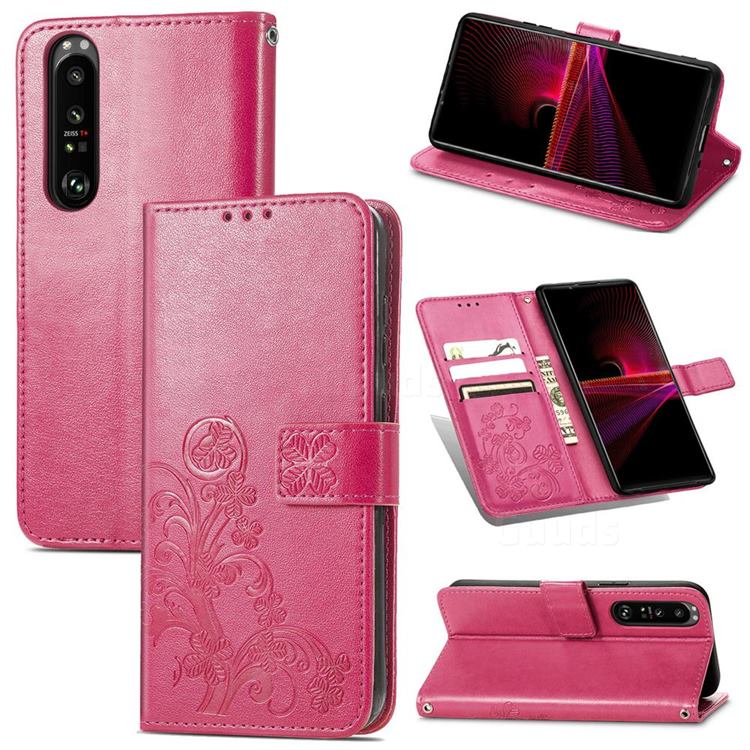 Embossing Imprint Four-Leaf Clover Leather Wallet Case for Sony Xperia 1 III - Rose Red