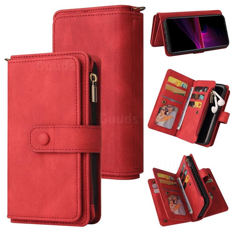 Luxury Multi-functional Zipper Wallet Leather Phone Case Cover for Sony Xperia 1 III - Red