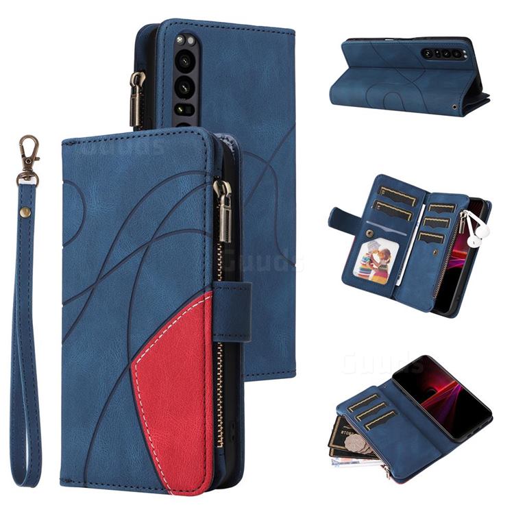 Luxury Two-color Stitching Multi-function Zipper Leather Wallet Case Cover for Sony Xperia 1 III - Blue