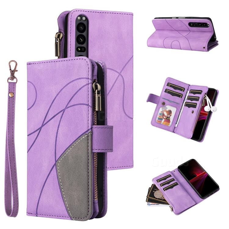 Luxury Two-color Stitching Multi-function Zipper Leather Wallet Case Cover for Sony Xperia 1 III - Purple
