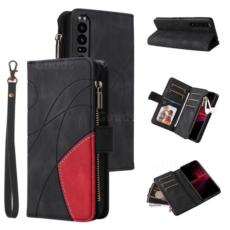 Luxury Two-color Stitching Multi-function Zipper Leather Wallet Case Cover for Sony Xperia 1 III - Black