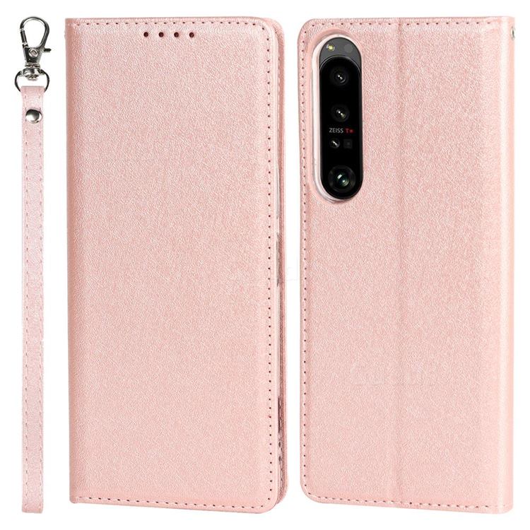 Ultra Slim Magnetic Automatic Suction Silk Lanyard Leather Flip Cover for Sony Xperia 1 IV - Rose Gold